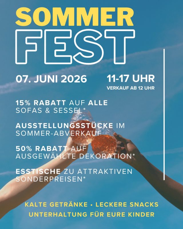 Am Sonntag wird’s gemütlich, lecker und sommerlich ☀️
 
🟡 große Sommerrabatte
🟡 kalte Getränke
🟡 Snacks
🟡 Unterhaltung für Eure Kleinen
 
Vorbeikommen lohnt sich mit der ganzen Familie!
 
*Rabatte gelten auf den Brutto-Abholpreis vom 5.-12.6.26, nicht auf bereits reduzierte Ware
